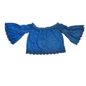 American Eagle Medium Off‎ Shoulder CropTop Chambray Bell Sleeve Peasant